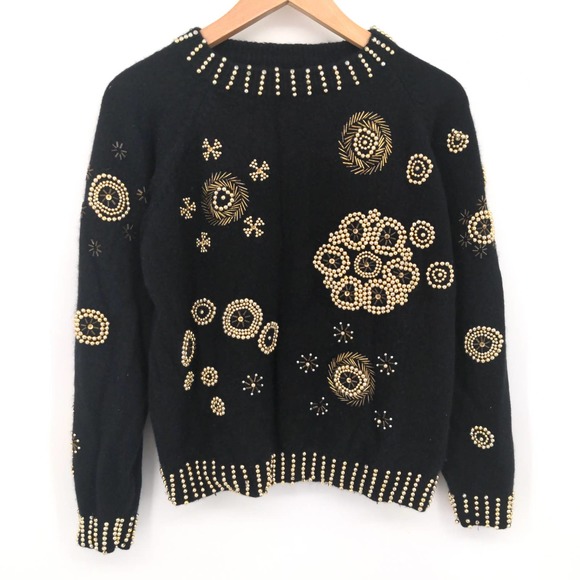 Vintage Lambs Wool Angora Rabbit Gold Beaded Sweater Floral Design Black Size L - Picture 1 of 7